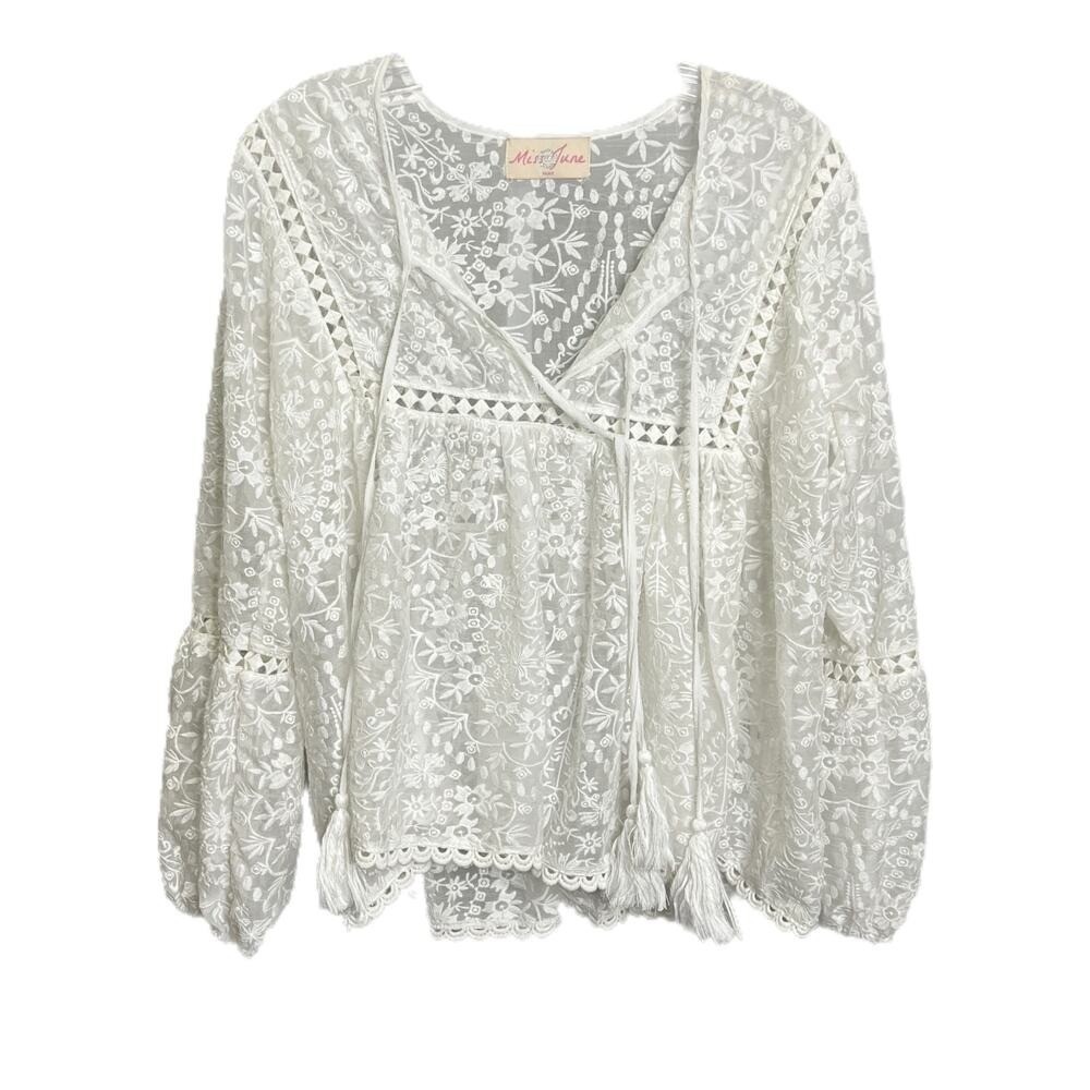 Miss June Blouse Womens 10 White Embroidered Boho Tassel Lantern Sleeve Top - Picture 2 of 8